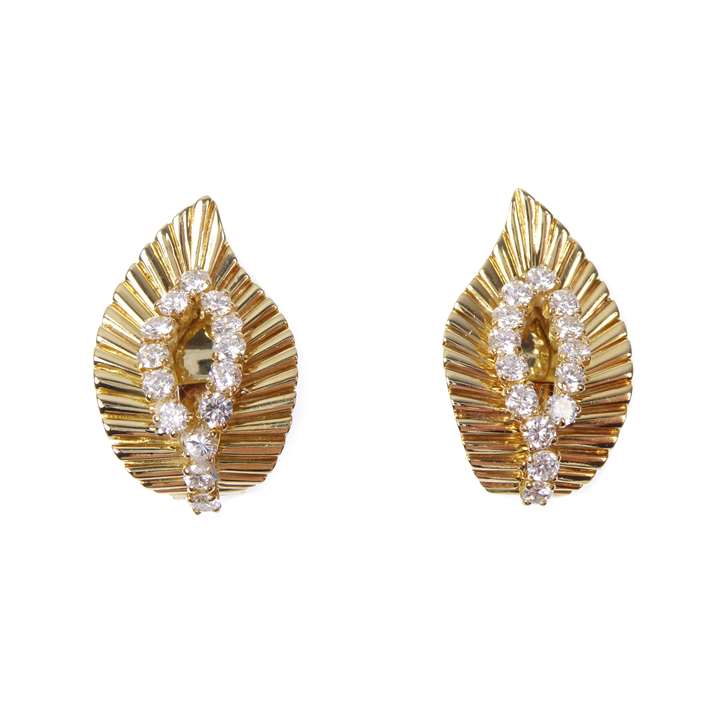 Pair of 18ct yellow gold and diamond leaf earrings